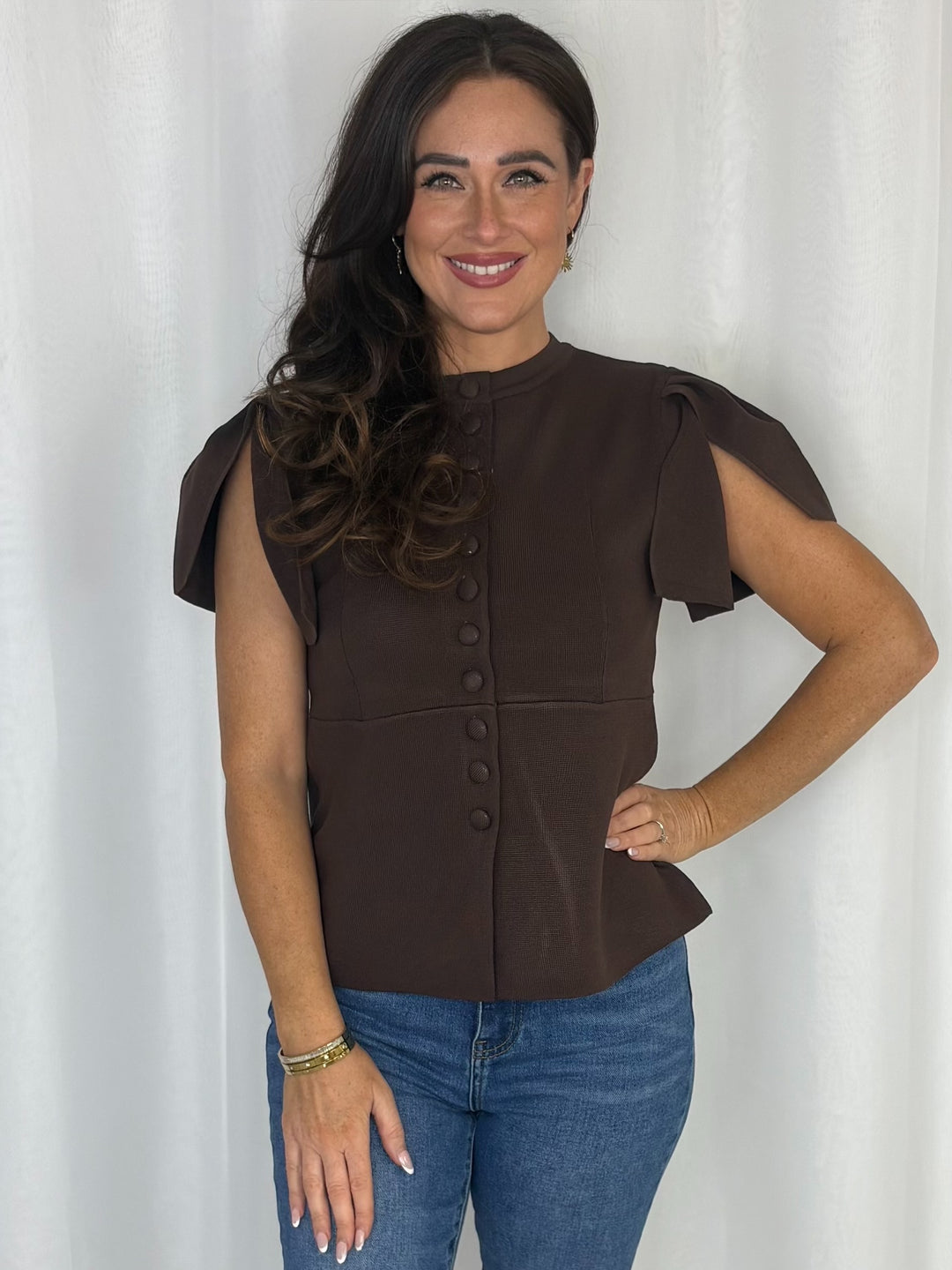 Covered Button Frill Sleeve Top (4 Colours)
