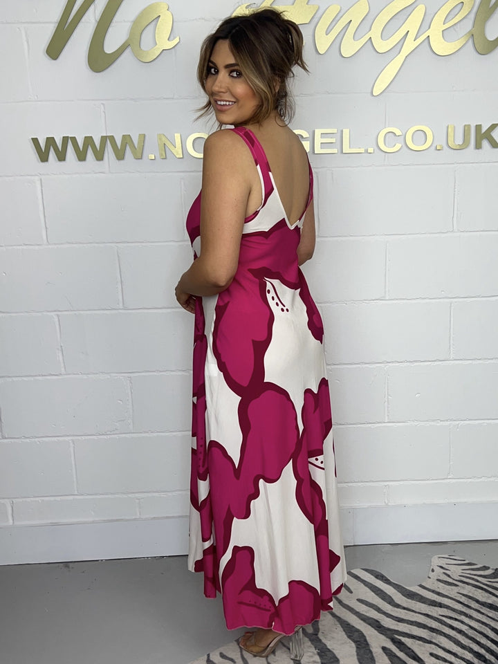 Fuschia V Neck Printed Maxi Dress