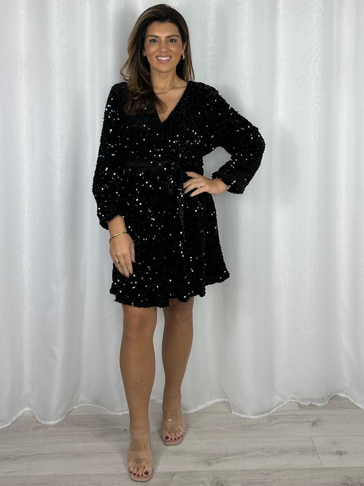 Black Sequin Belted V-Neck Dress