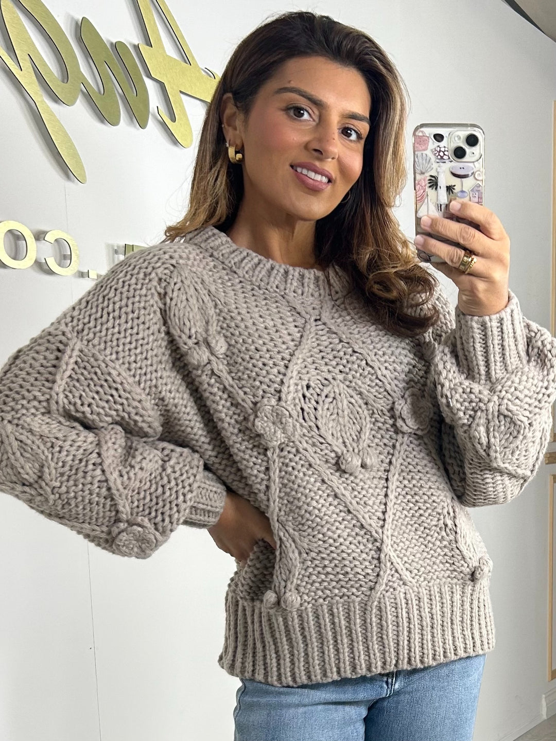 Chunky Knit Flower Detail Jumper