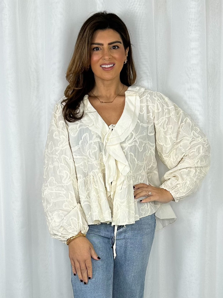 Balloon Sleeve Tie Front Ruffle Flower Print Shirt (4 Colours)