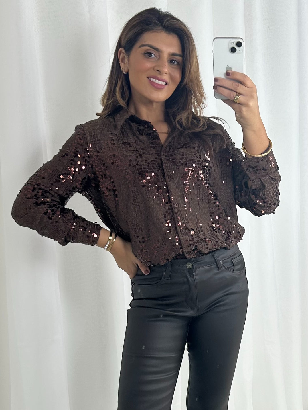 Brown Scattered Sequin Shirt