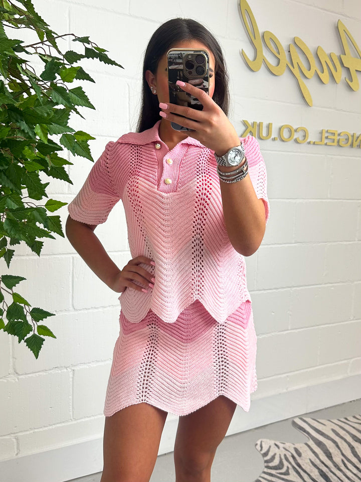 Pink ombre crochet pearl button up collared waves trim skirt co-ord