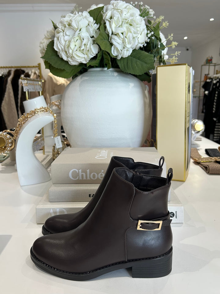 Full Faux Leather Gold Buckle Side Ankle Boots (2 Colours)