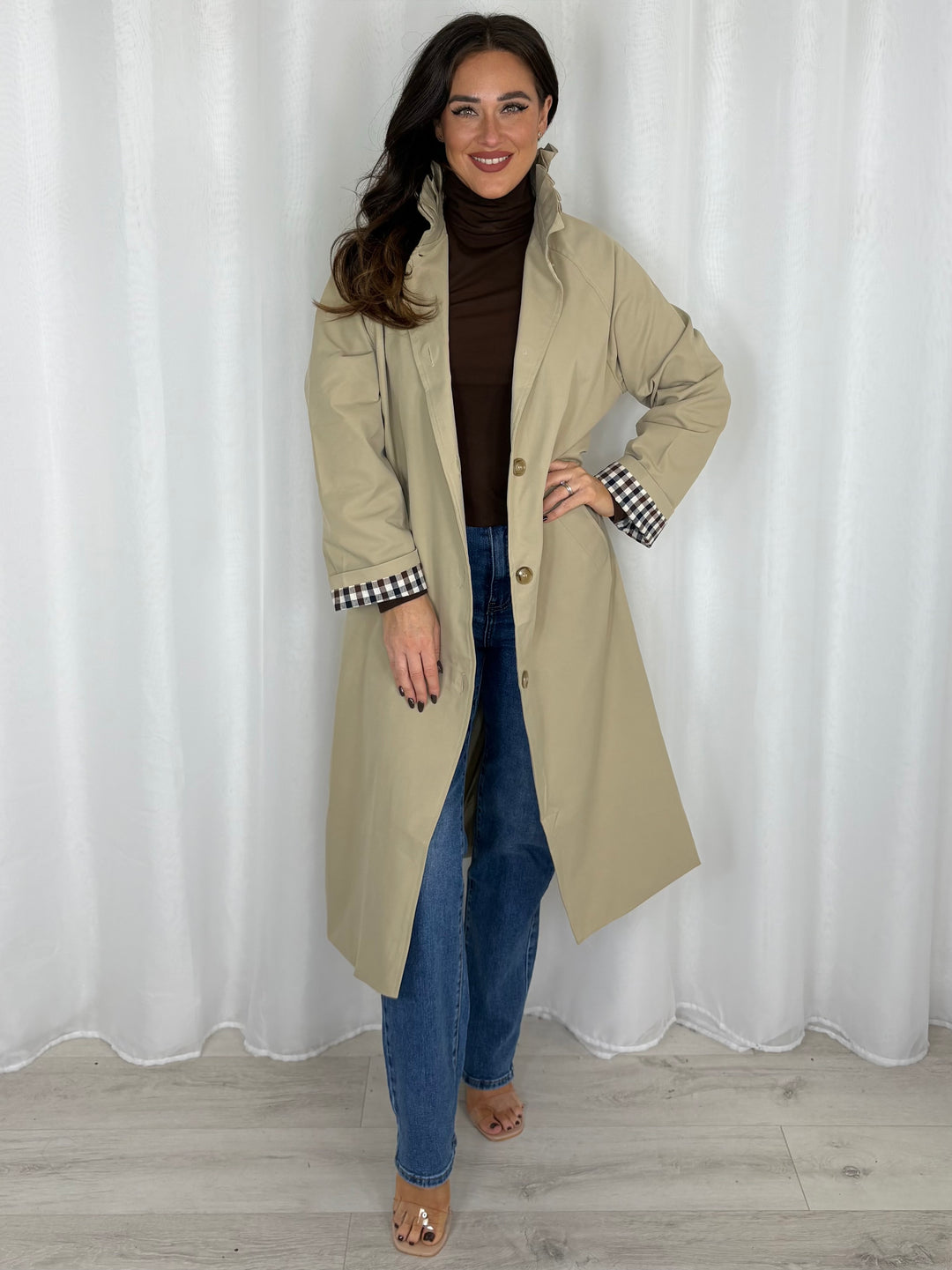 Long Line Check Cuff Trench Coat