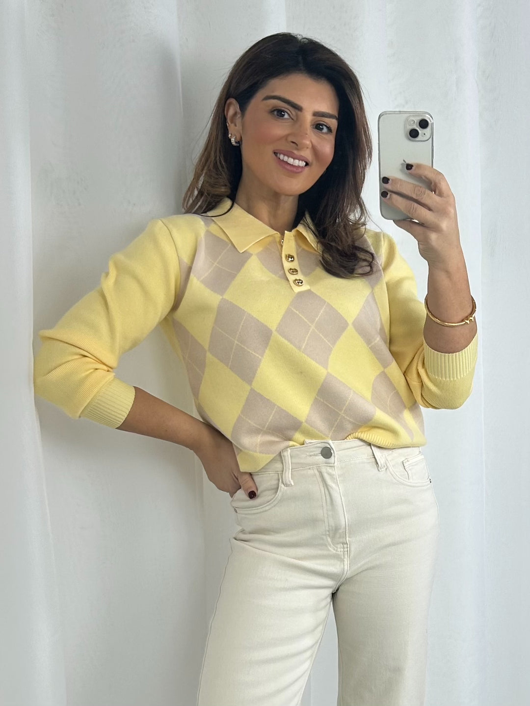 Diamond Print Gold Button Polo Jumper (3 Colours)