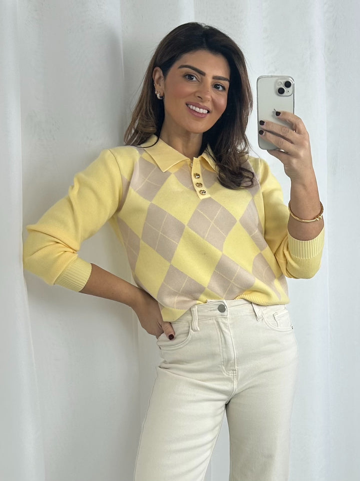 Diamond Print Gold Button Polo Jumper (3 Colours)