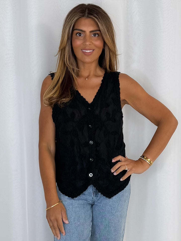 Vine Embroidered V-Neck Waistcoat Style Top (2 Colours )