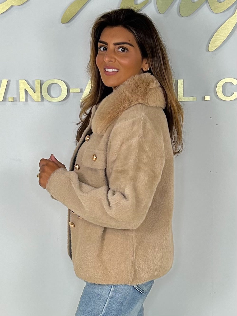 Faux Fur Neck Knit Gold Button Jacket (2 Colours)