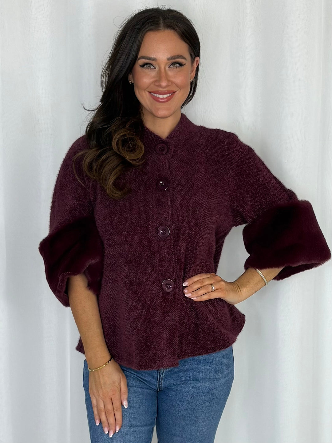 Faux Fur Cuff Textured Cardigan (8 Colours)