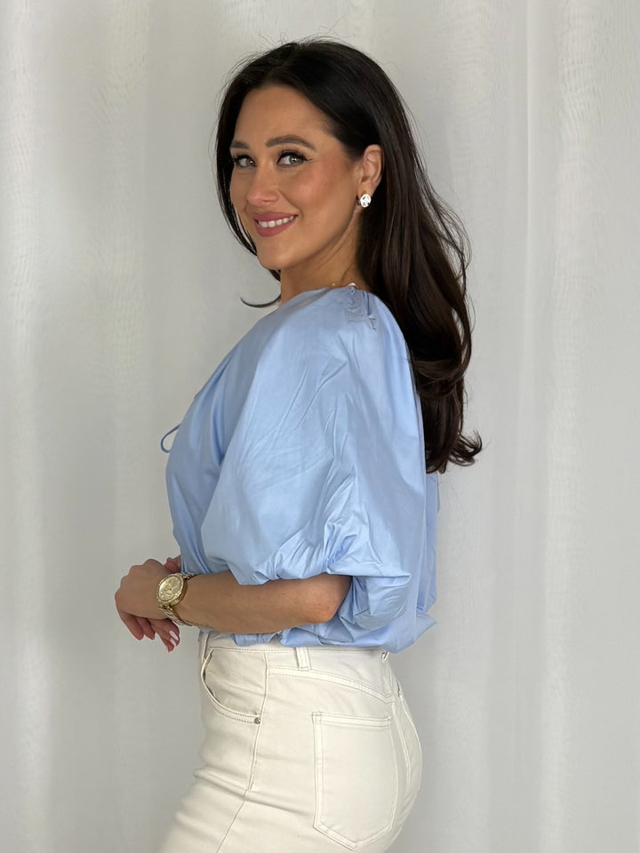 Blue Puff Ball V-Neck Tie Up Detail Top