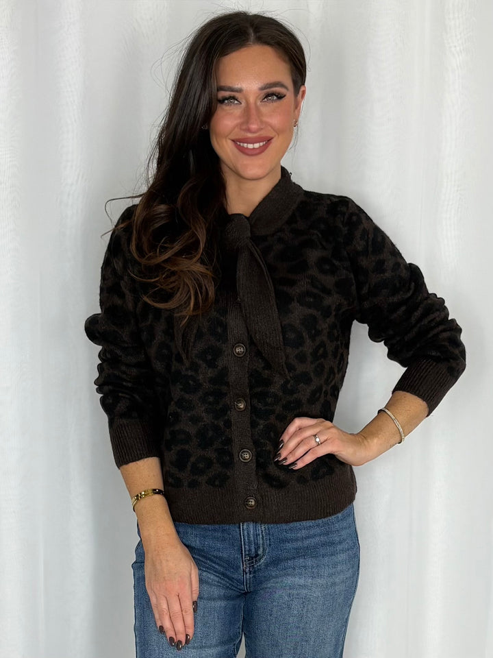 Leopard Print Tie Neck Button Cardigan (2 Colours)