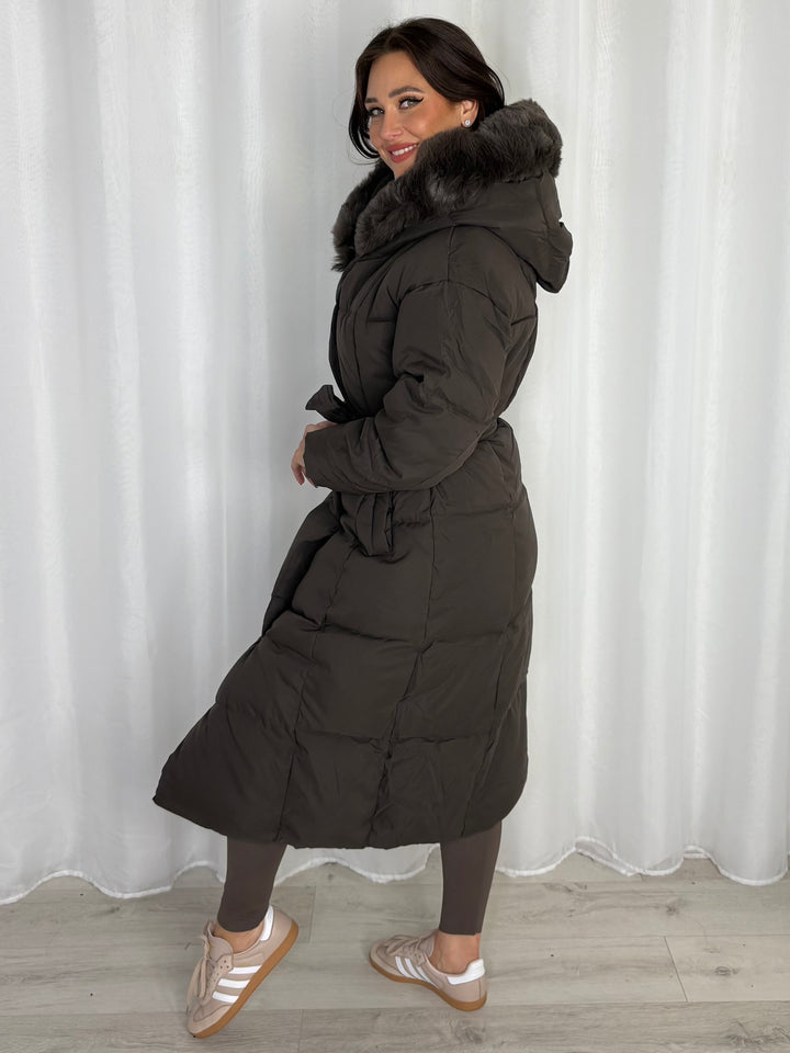 Longline Faux Fur Hooded Belted Puffer Coat