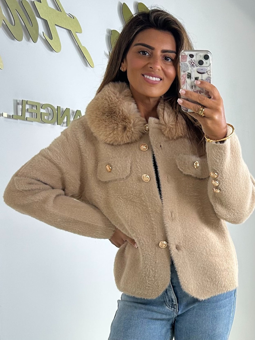 Faux Fur Neck Knit Gold Button Jacket (2 Colours)