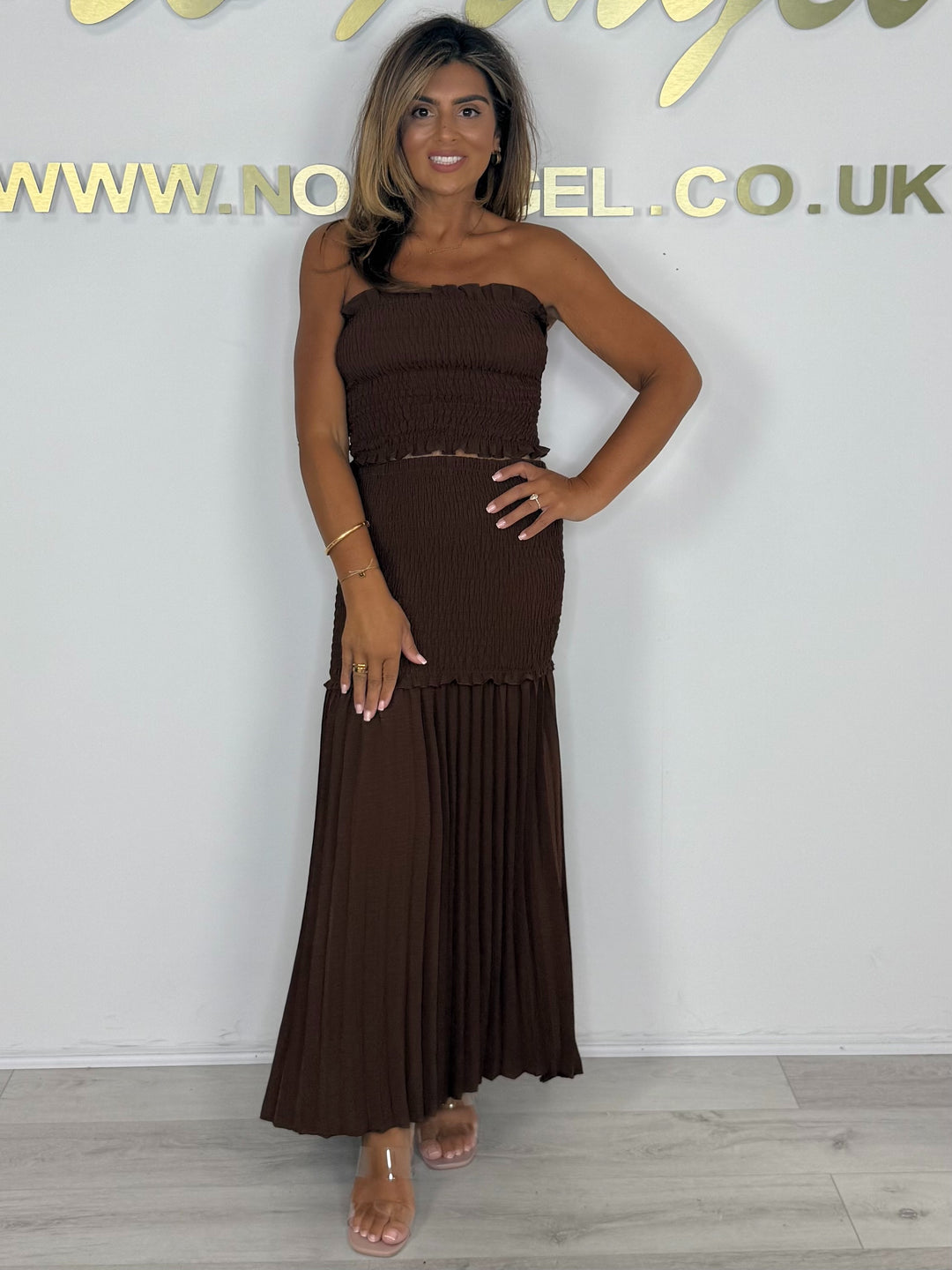 Bandeau Smocked Top With Smocked Pleated Maxi Skirt Co-ord (9 Colours)