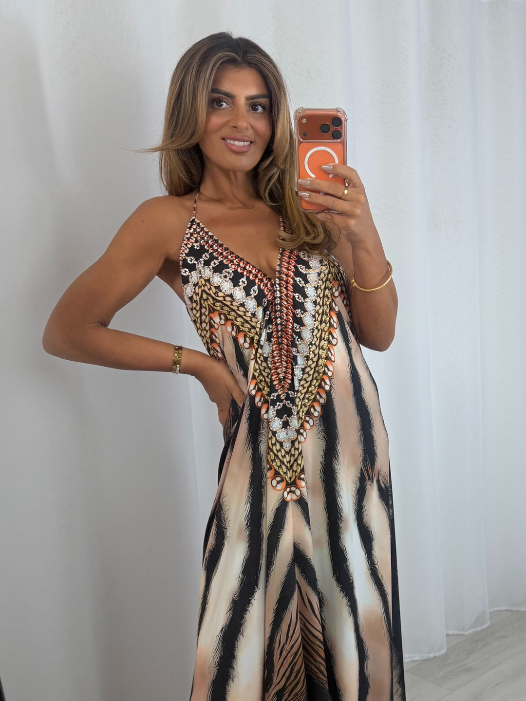 V-Neck Jewelled Printed Low Back Maxi Dress