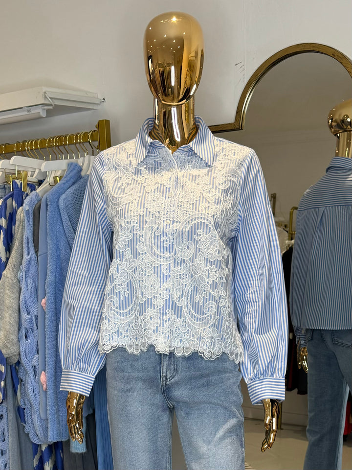 Blue & White Stripe Embroidery Anglaise Shirt