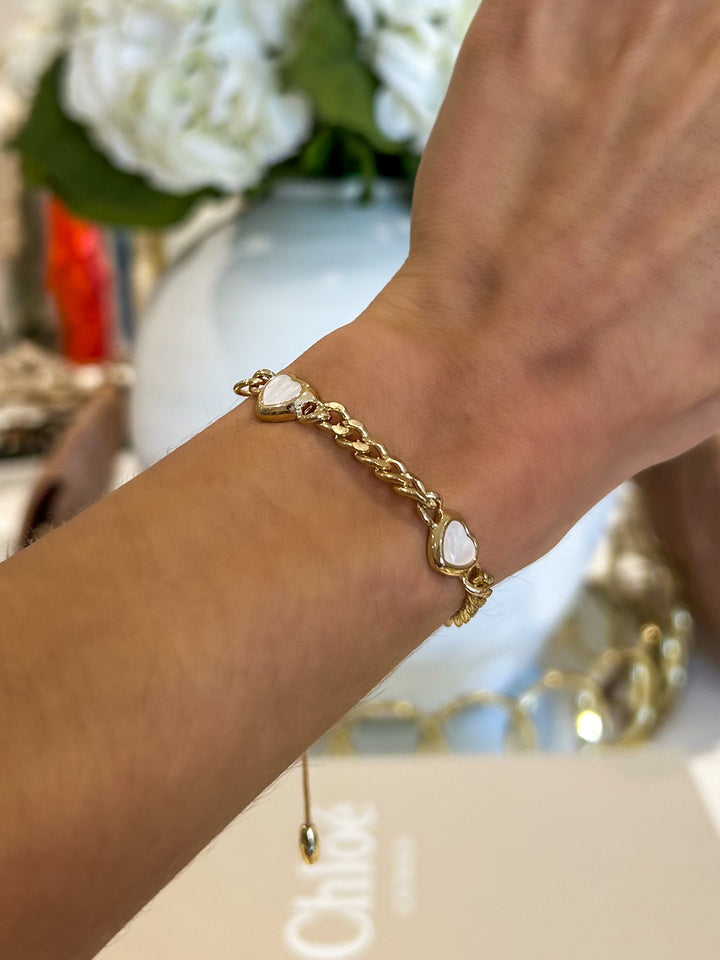 White Shimmer Heart Adjustable Chain Bracelet
