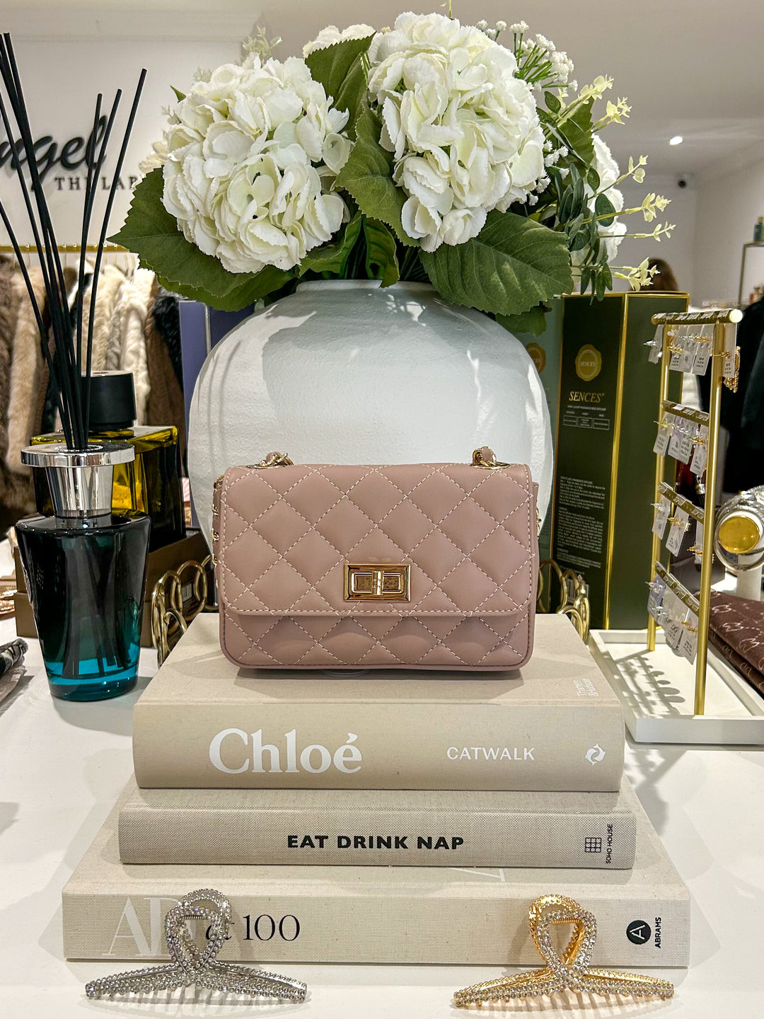 Genuine Leather Quilted Turn Lock Chain Handle Handbag (8 Colours)