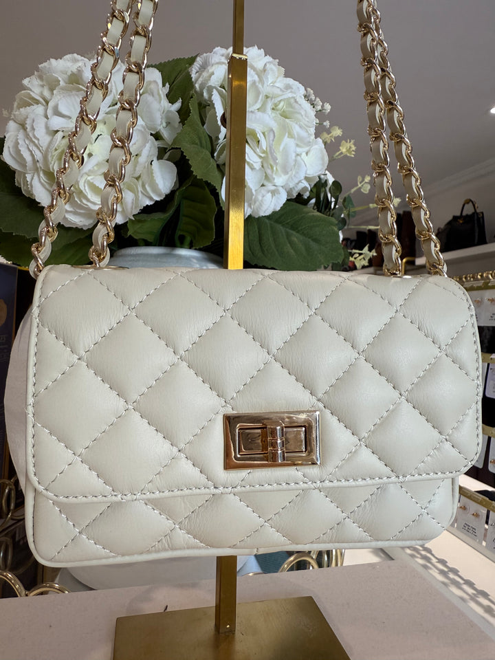 Genuine Leather Quilted Turn Lock Chain Handle Handbag (8 Colours)