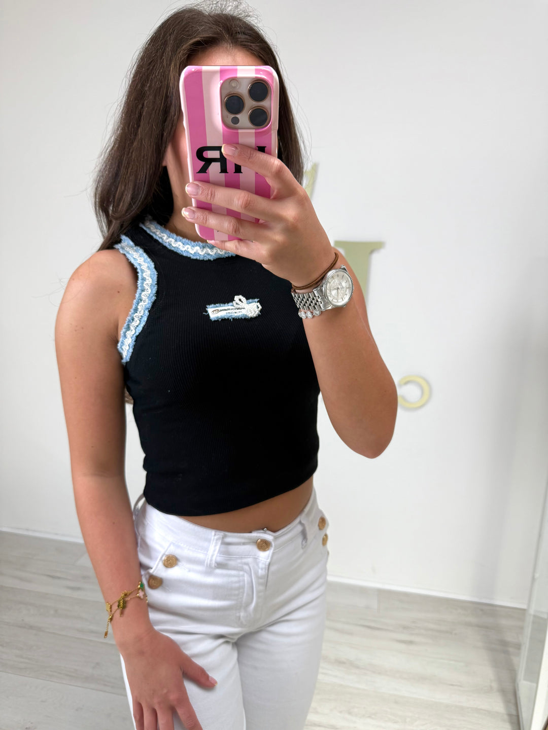 Racer Style Denim Trim Badge Detail Vest Top (2 Colours)