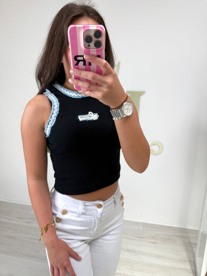 Racer Style Denim Trim Badge Detail Vest Top (2 Colours)
