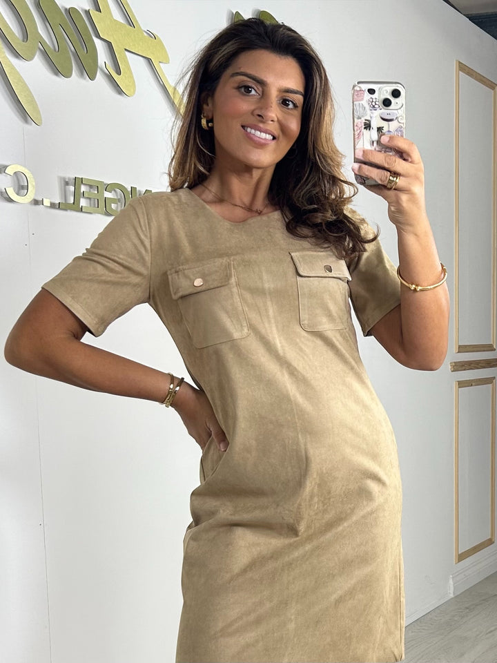Camel Suedette Gold Button Pocket Detail Mini Dress