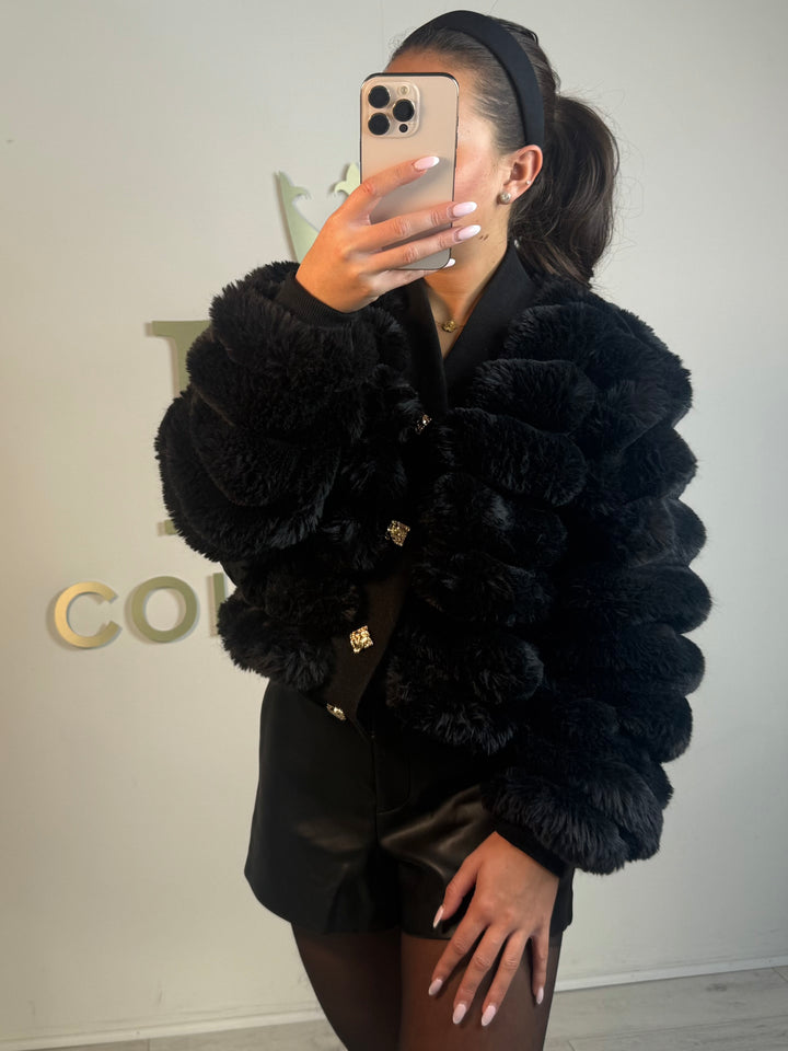 Faux Fur Bubble Detail Gold Button Cardigan (2 Colours)