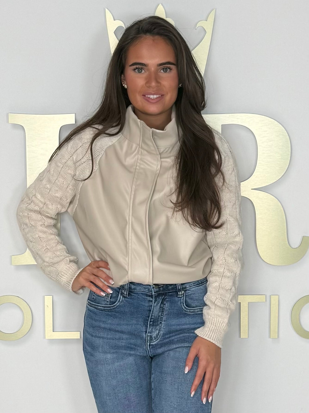 Funnel Neck Faux Leather Cable Knit Arm Jacket (2 Colours)
