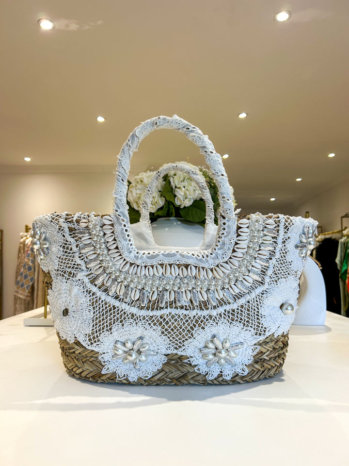 Pearl & Shell White Woven Beach Bag