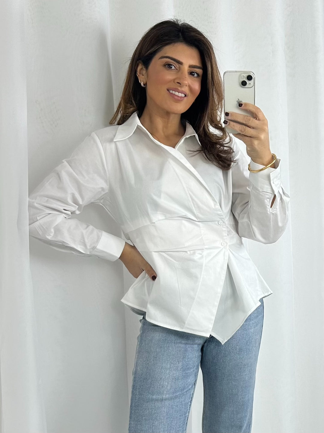 White Collared Asymmetric Wrap Front Pleated Detailing Shirt