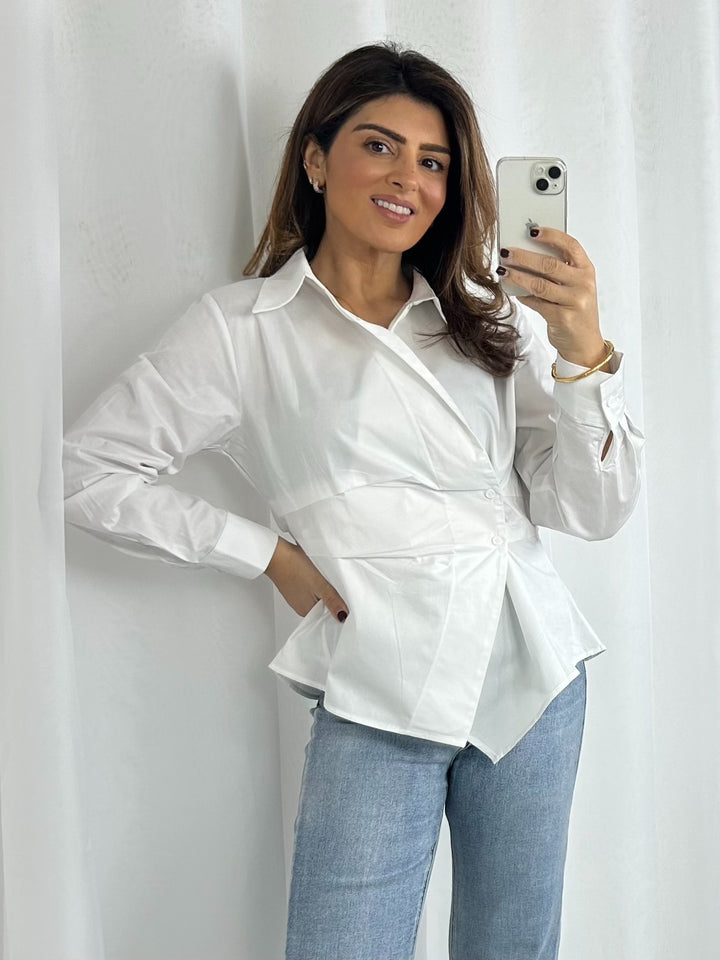 White Collared Asymmetric Wrap Front Pleated Detailing Shirt