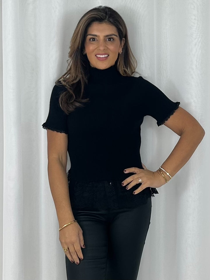 Lace Trim Ribbed High Neck Short Sleeve Top (4 Colours)