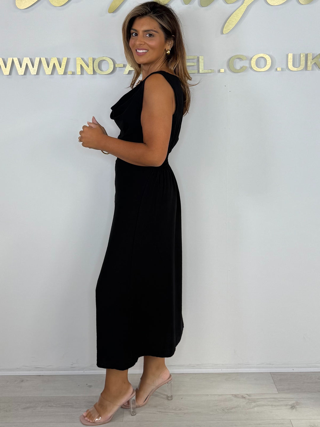 Gold Detail Cowl Neck Smocked Back Midi Dress (5 Colours)