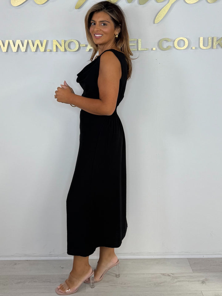Gold Detail Cowl Neck Smocked Back Midi Dress (5 Colours)