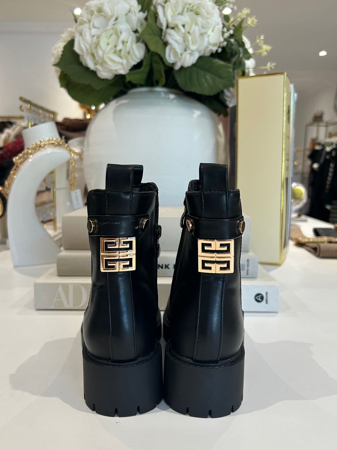 Black Chunky Faux Leather Gold Square Detail Buckle Back Ankle Boots