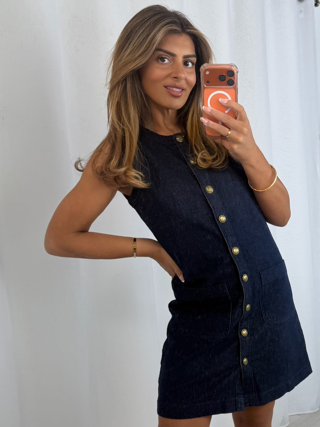 Denim Sleeveless Gold Button Front Pocket Dress