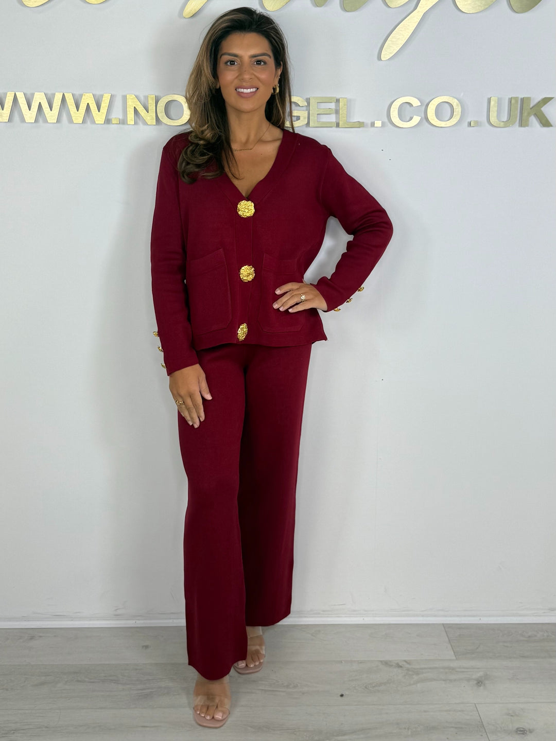 3 Gold Button V-Neck Flat Knit Trouser Co-ord (3 Colours)