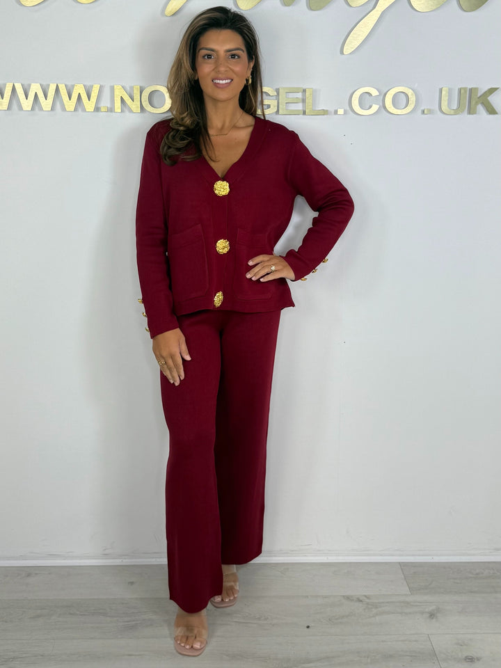 3 Gold Button V-Neck Flat Knit Trouser Co-ord (3 Colours)