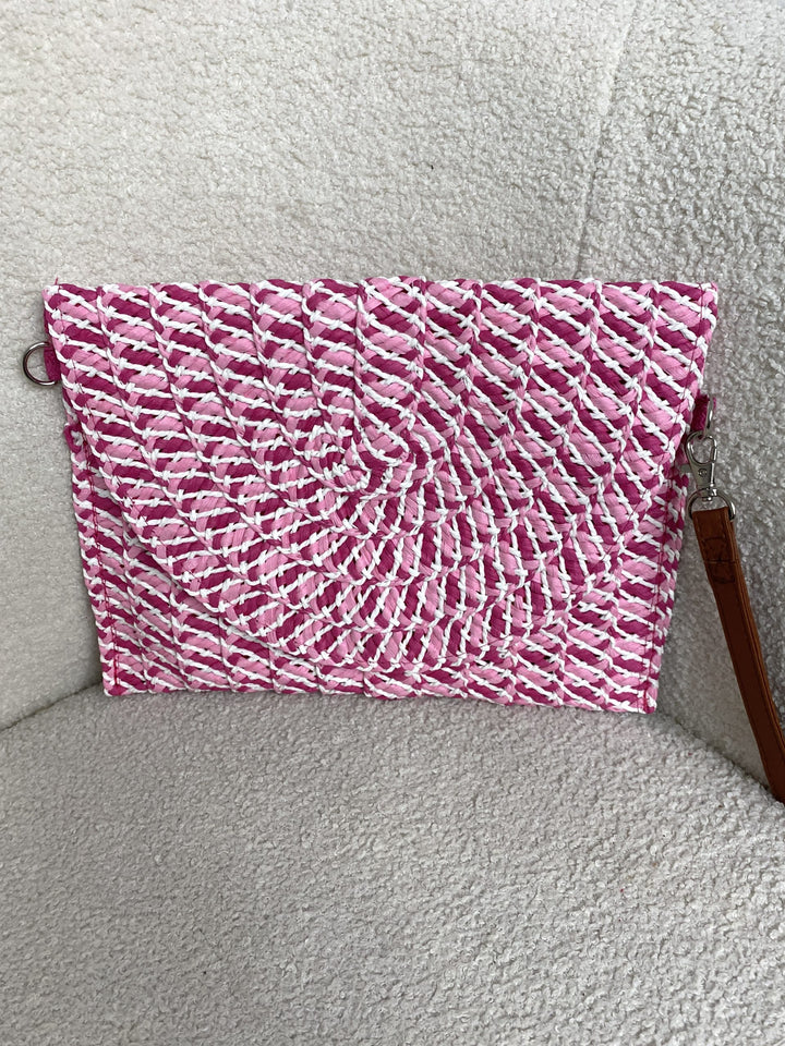 Pink Flecked Woven Straw Envelope Clutch Bag
