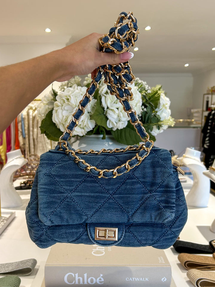 Gold Turnlock Denim Detail Bag With Chain Strap