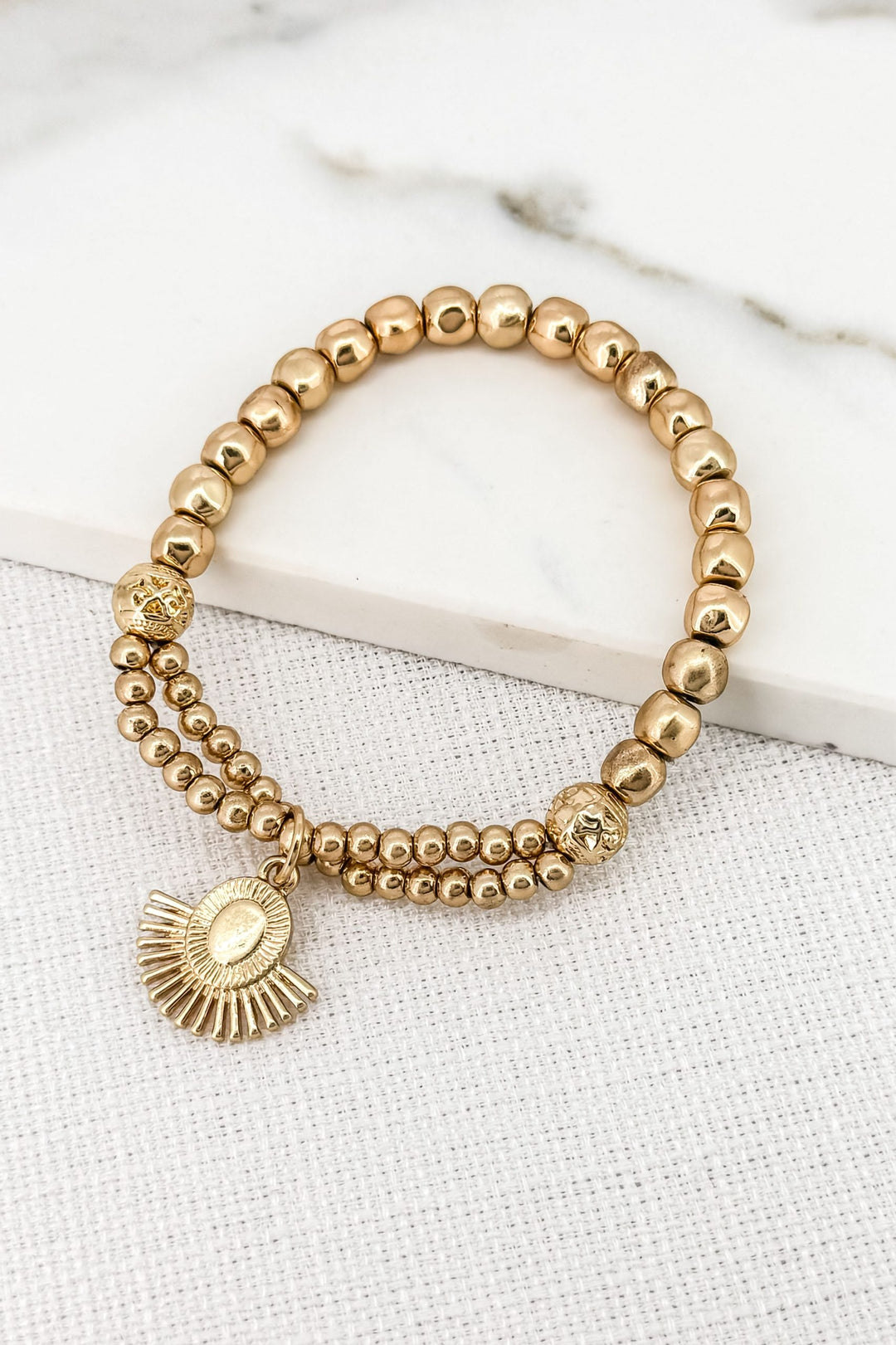 Gold Beaded Bracelet With Fan Pendant 8820