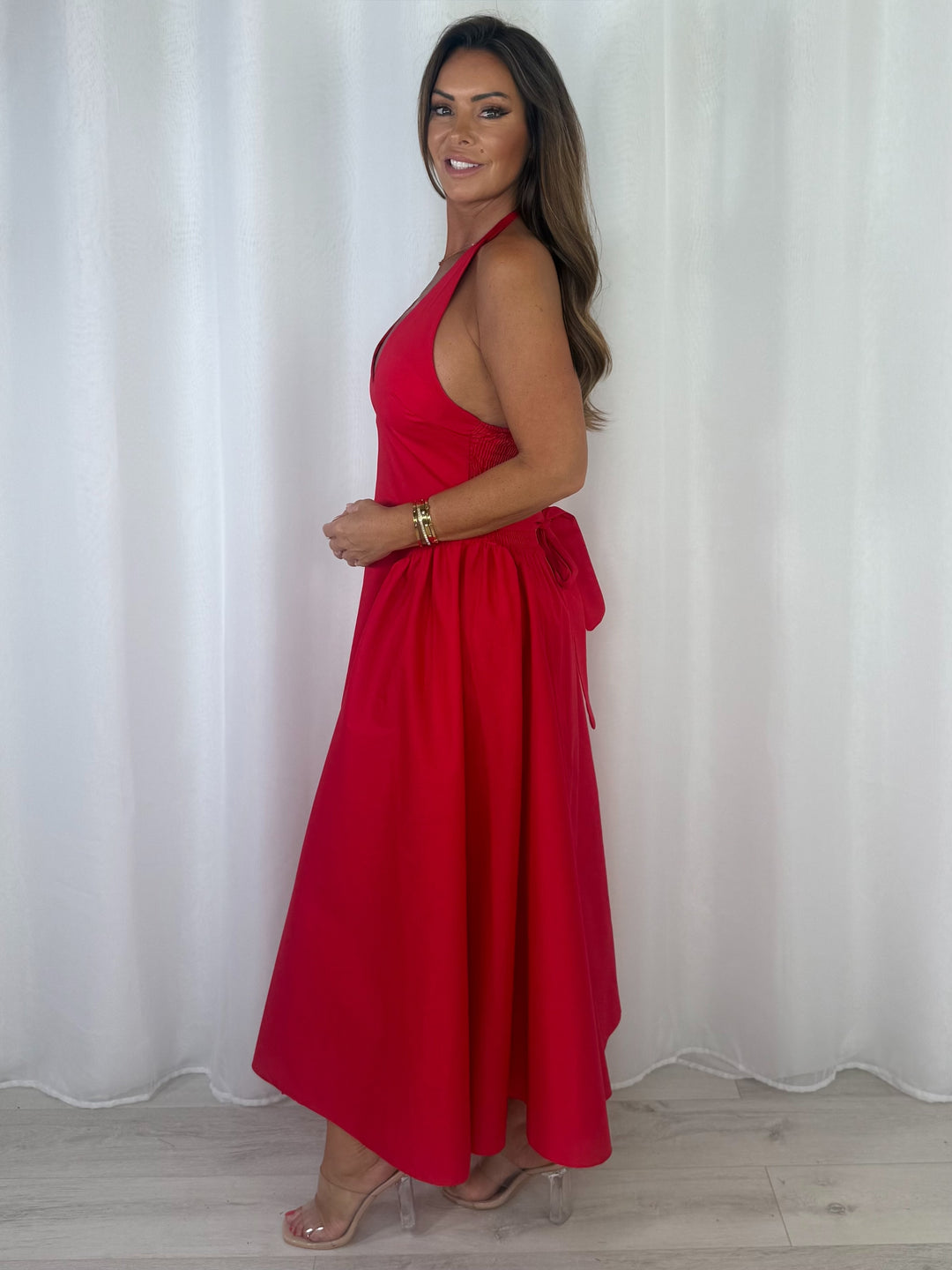 Low V-Neck Peplum Style Midi Dress (3 Colours)