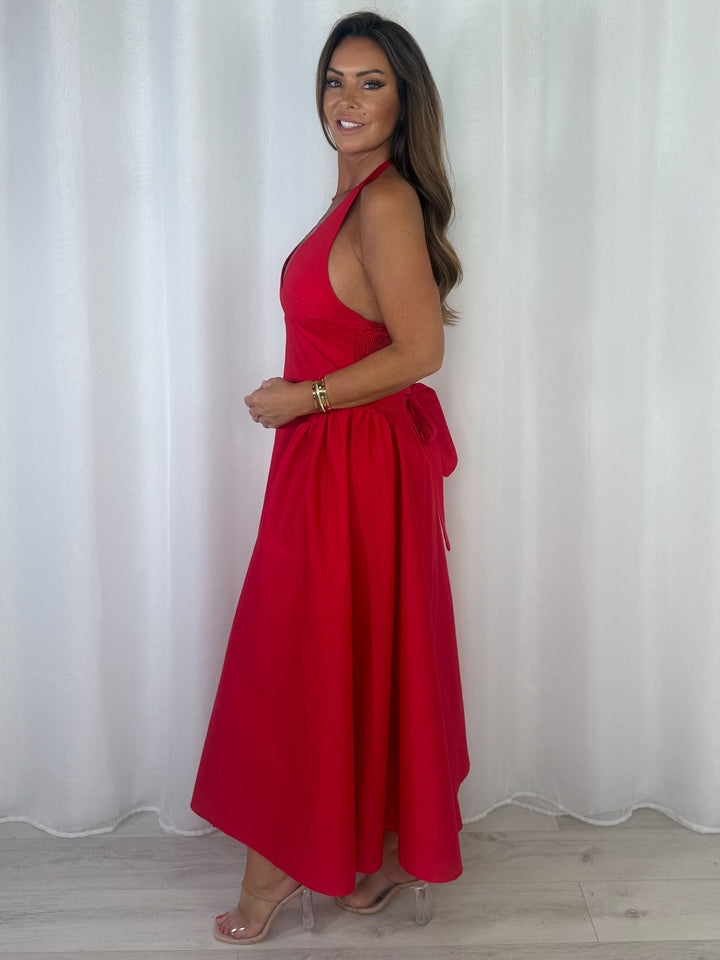 Low V-Neck Peplum Style Midi Dress (3 Colours)