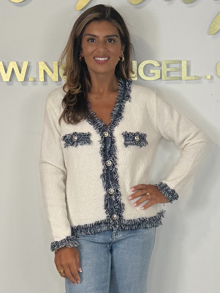 Boucle Fabric V-Neck Gold Button Frayed Edge Jumper (3 Colours)