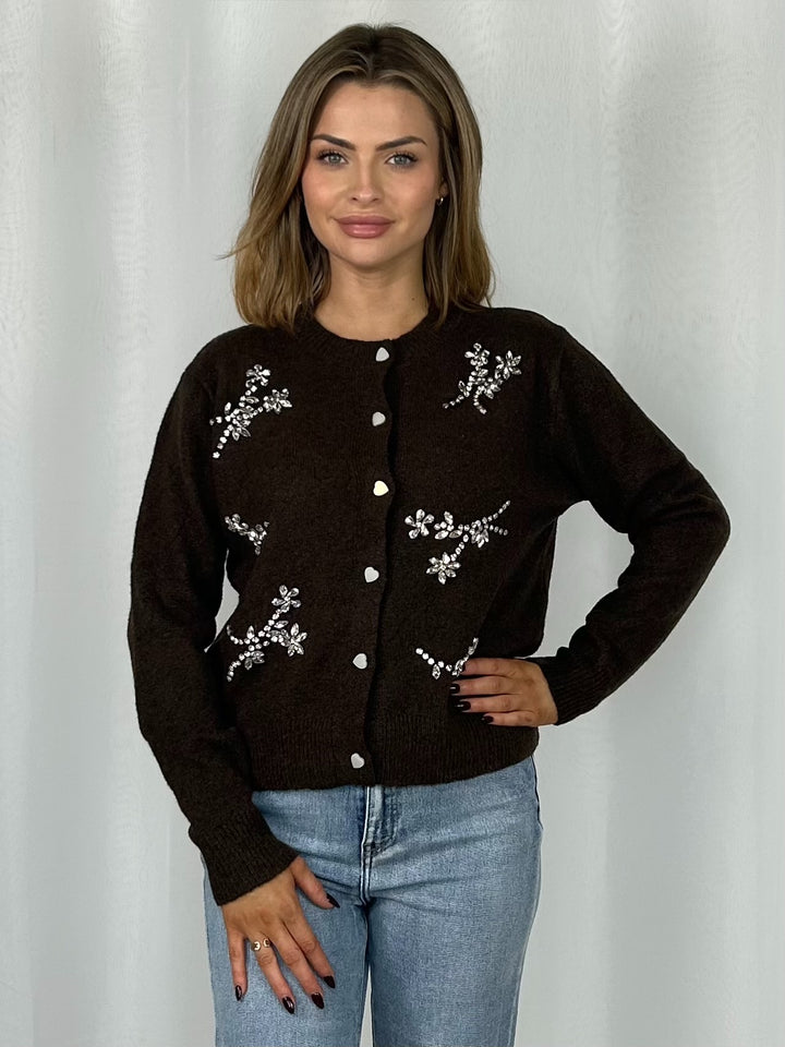 Soft Knit Jewelled Flower Detail Heart Shimmer Button Front Cardigan (2 Colours)