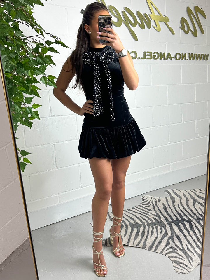 Velvet Puff Bottom Sequin Bow Mini Dress (3 Colours)