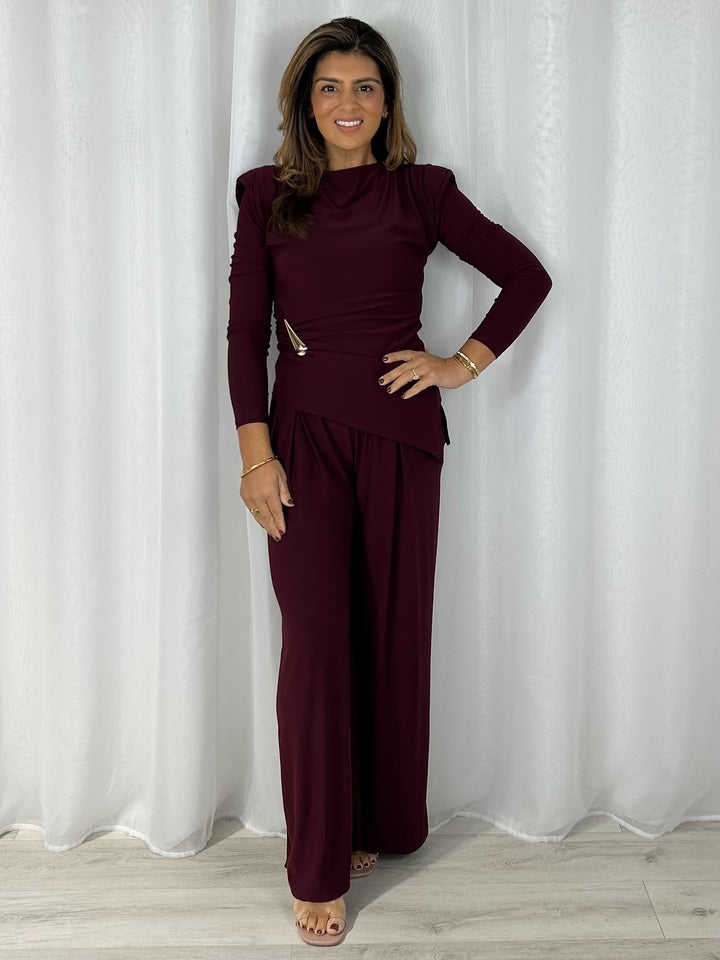 Shoulder Pad Long Sleeve Ruched Gold Hardware Trouser Co-Ord (4 Colours)