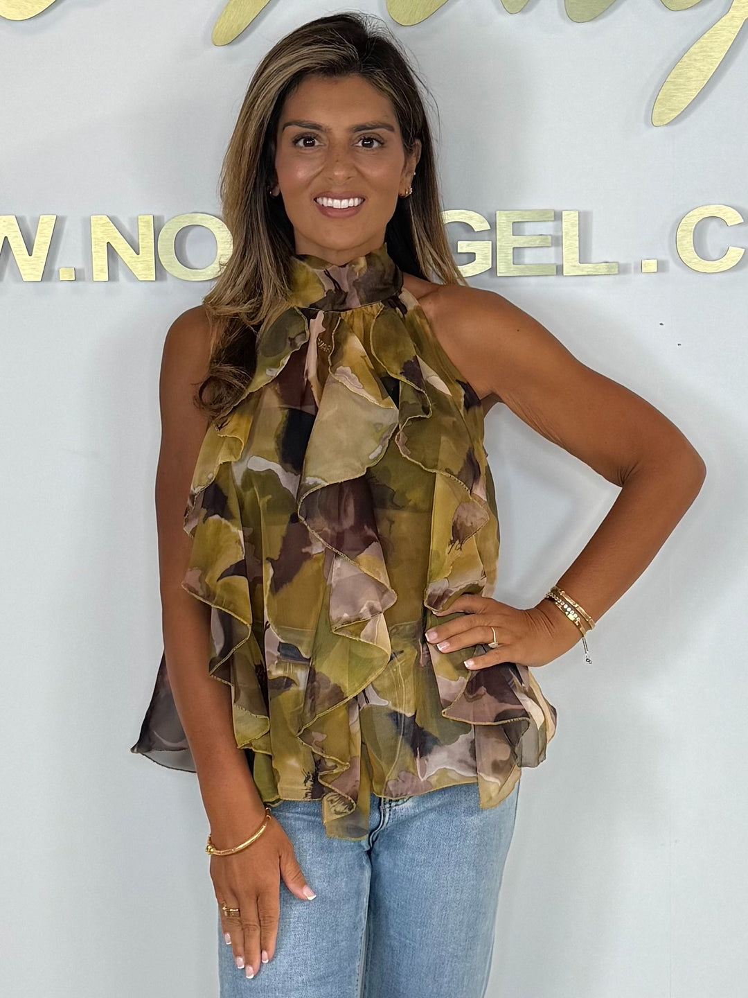 Printed Halter Neck Ruffle Sleeve Top (3 Colours)