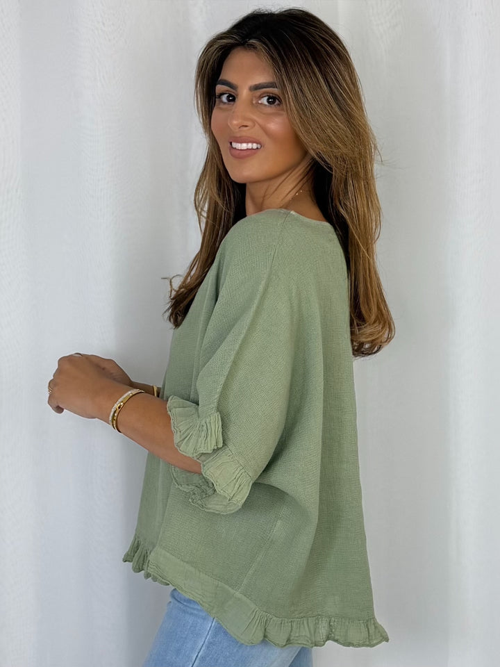 Frill Trim Batwing Top (10 Colours)
